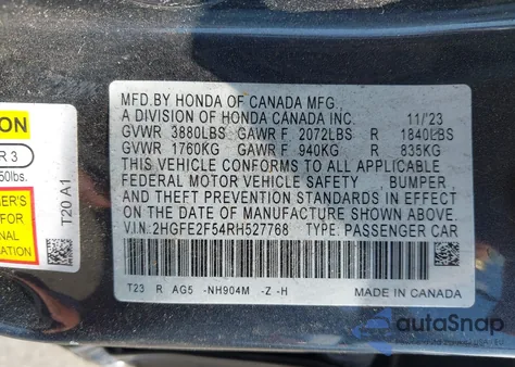 2024 Honda Civic Sport из США, поврежденный, VIN 2HGFE2F54RH527768